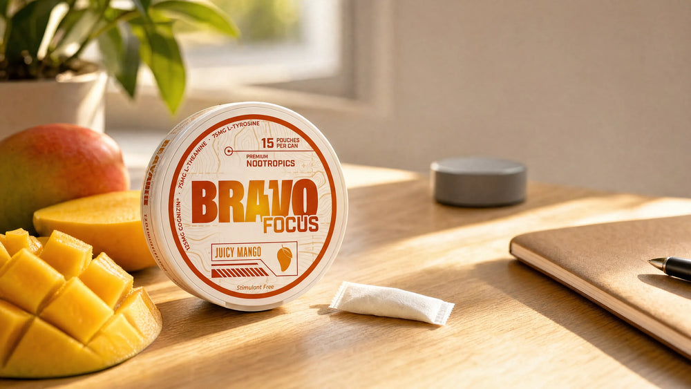 Bravo Focus Juicy Mango caffeine-free nootropic pouch can on a desk with fresh mango and a pouch