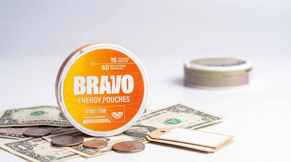 Bravo Citrus Strike caffeine pouch can with scattered cash and price tags representing a Grinds vs Nectr vs Bravo cost-per-pouch comparison