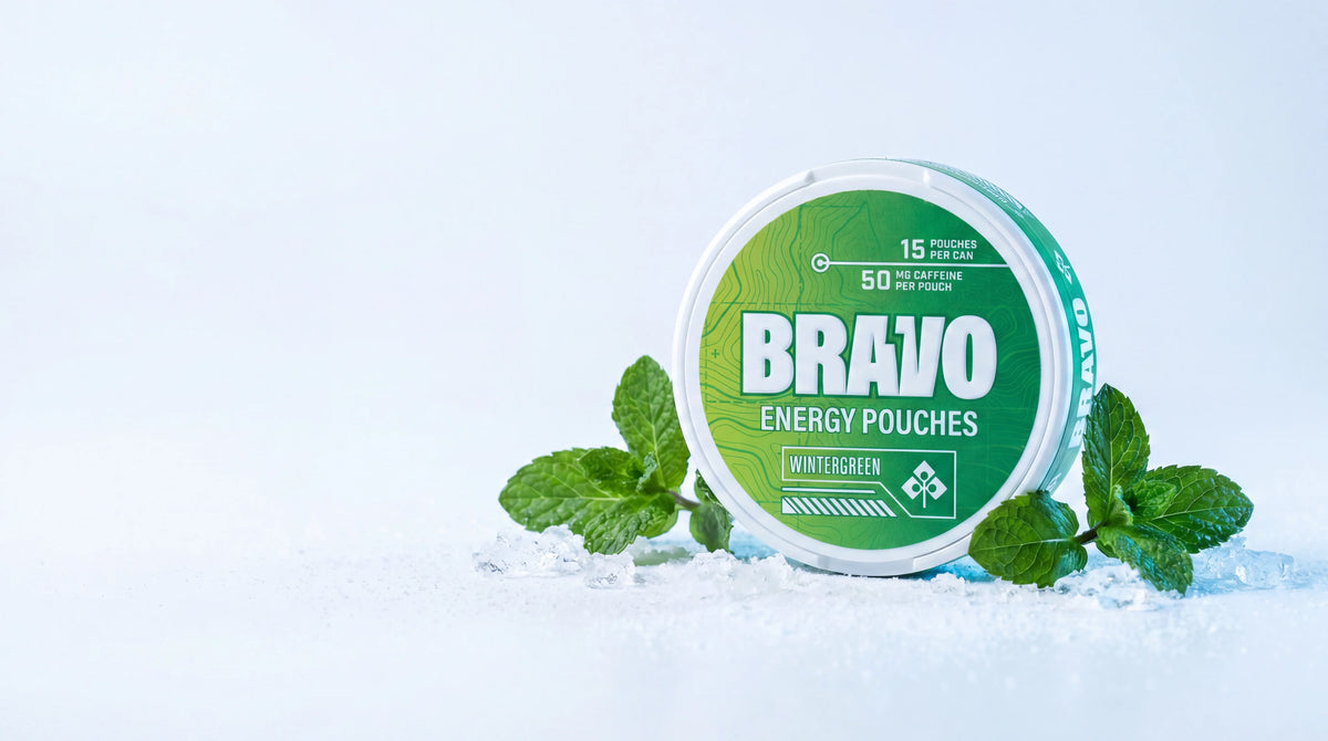 Bravo Wintergreen caffeine pouch can styled with mint for the nicotine-free Zyn alternative guide