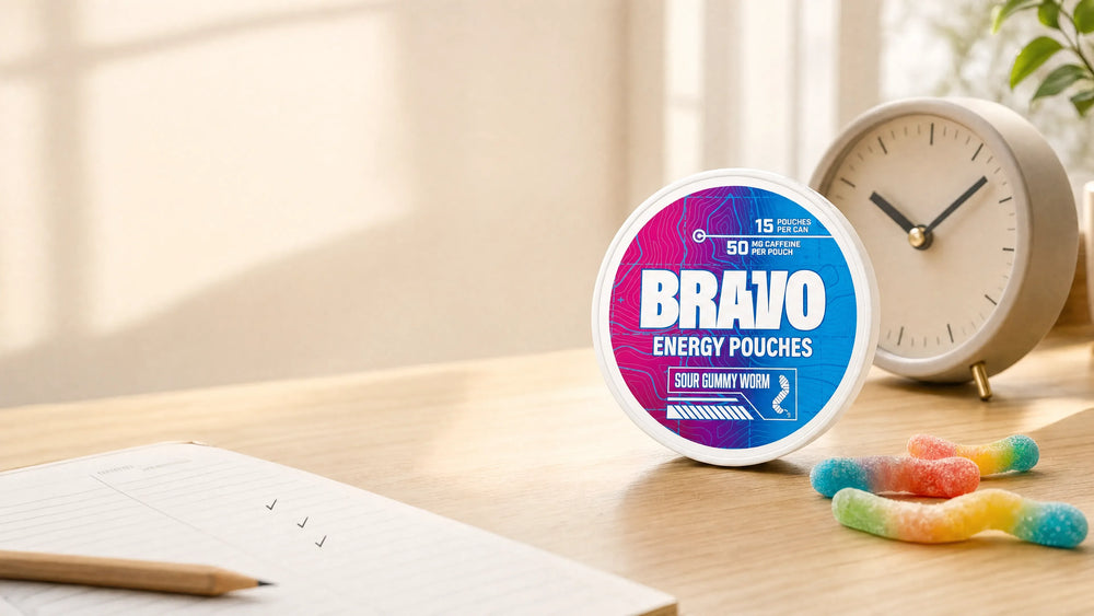 Bravo Sour Gummy caffeine pouch can on a desk beside a clock and a day planner, illustrating how many caffeine pouches a day