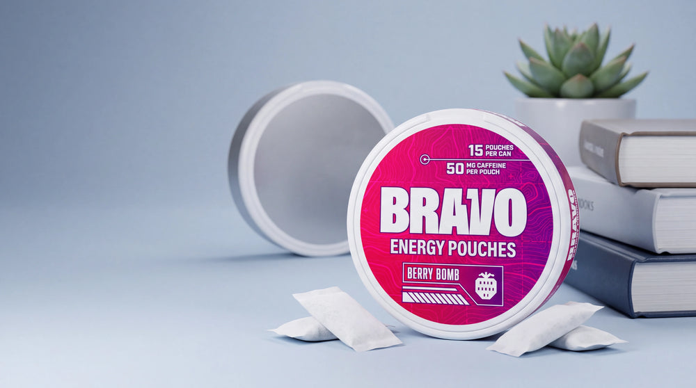 Bravo Berry Bomb caffeine pouch can in sharp focus with an unbranded nootropic competitor tin softly blurred in the background, editorial hero for Ultra Pouches review