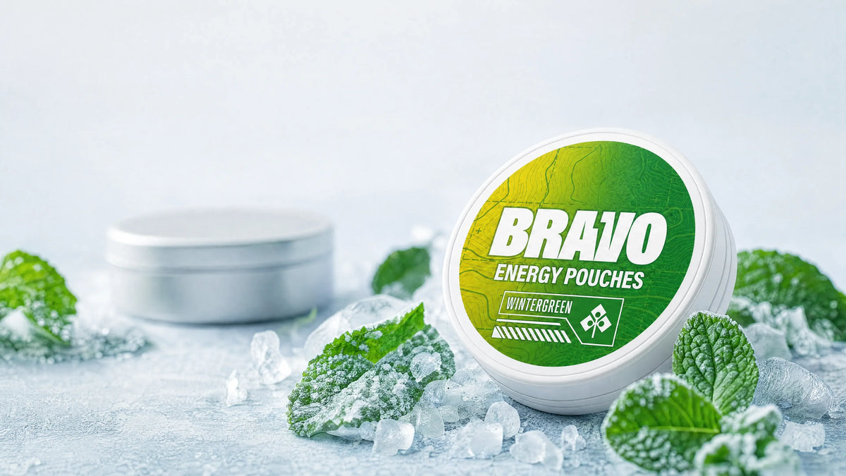 Bravo Wintergreen caffeine pouch can, sharp-focus hero image for Wakey caffeine pouches review