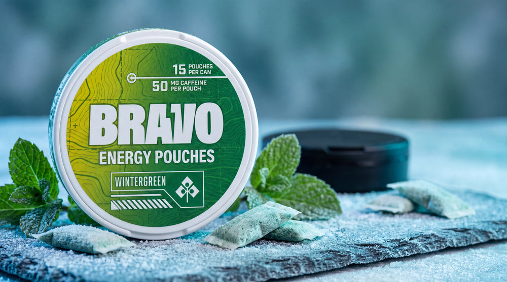 Bravo Wintergreen caffeine pouch can on an icy blue background, hero image for Smokey Mountain Caffeine Pouches Review 2026