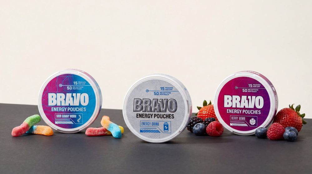 Bravo Energy Drink, Sour Gummy Worm, and Berry Bomb caffeine pouch cans styled for the 2026 best caffeine pouches ranking guide