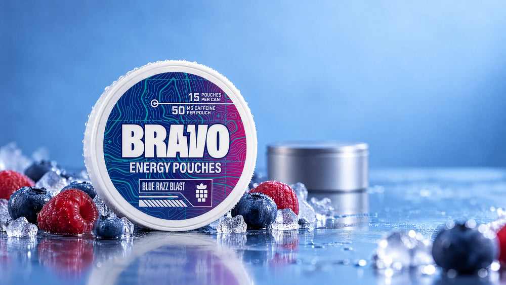 Bravo Blue Razz Blast caffeine pouch can with blueberries, raspberries, and ice, next to a generic unbranded competitor tin