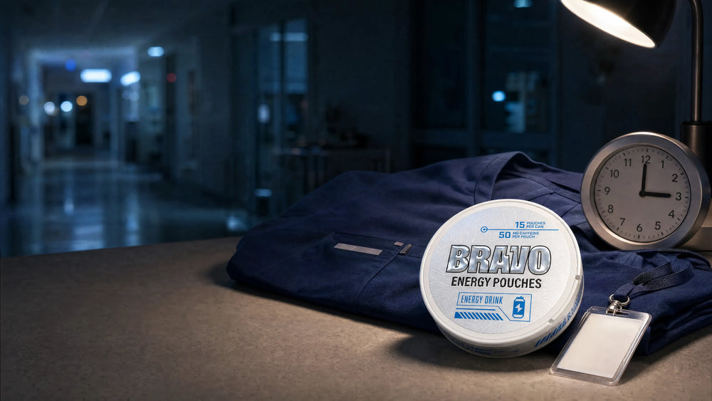 Bravo Energy Drink caffeine pouch can on a night-shift workstation next to navy scrubs and a clock showing 3:00