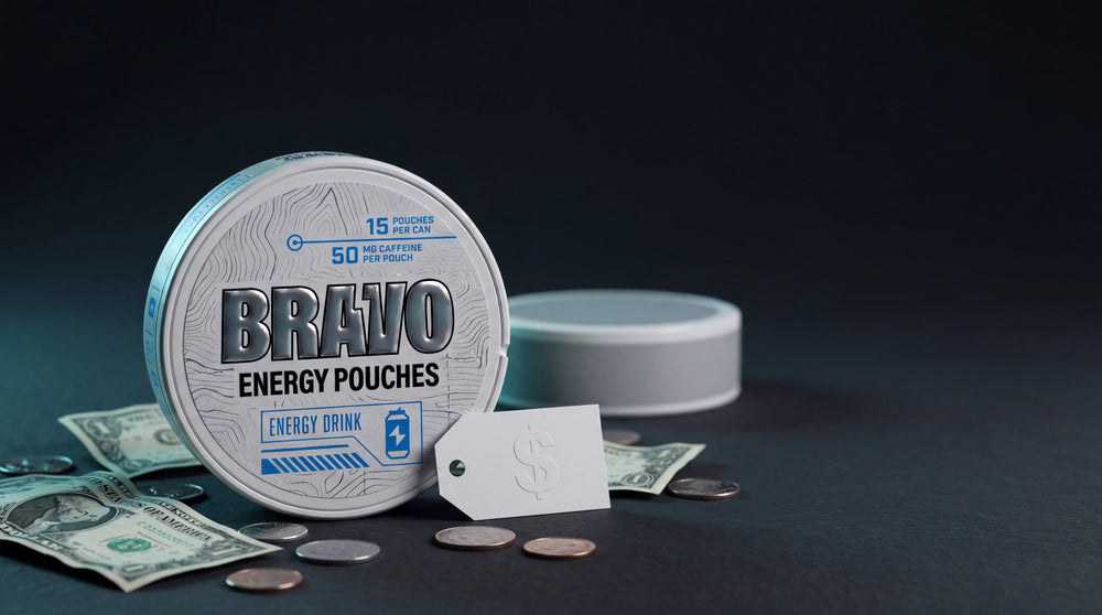 Bravo Energy Drink caffeine pouch can with cash and coins, representing a cost-per-pouch price comparison across caffeine pouch brands