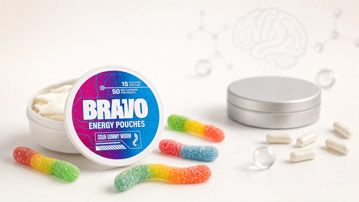 Bravo Sour Gummy Worm caffeine pouch tin in sharp focus with a generic unbranded competitor tin softly blurred in the background, editorial hero for a Plopii Focus Pouches review