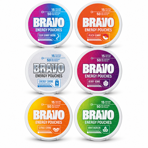 Six Bravo Energy pouch cans, 15 pouches per can and 50 mg caffeine per pouch