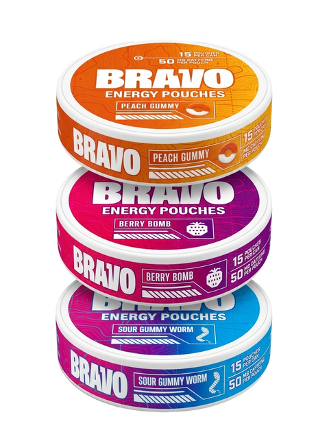 Stack of three Bravo energy pouch tins - bundle menu card