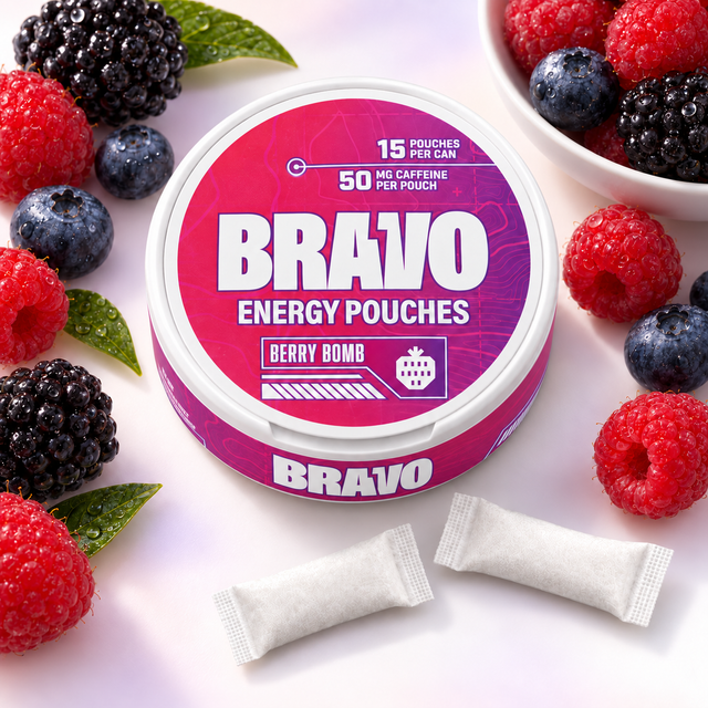 Bravo Energy Berry Bomb can with correct magenta side wrap, mixed berries, and two slim pouches