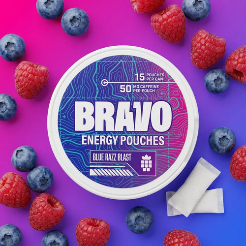 Blue Razz Blast can, centered, full-bleed magenta-purple gradient background