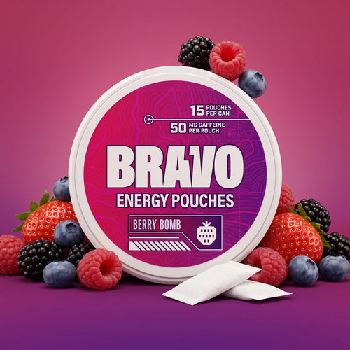 Bravo Energy Pouches Berry Bomb can with mixed berries and pouches