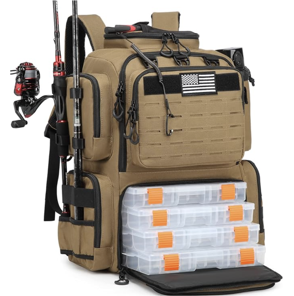 BISKLNDN Tactical Fishing Backpack with 4 Tackle Boxes (Brown, 50L) 1