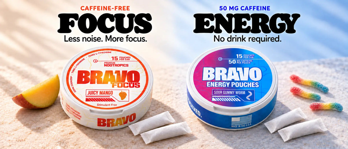 Bravo Focus Juicy Mango and Bravo Energy Sour Gummy Worm cans with pouches